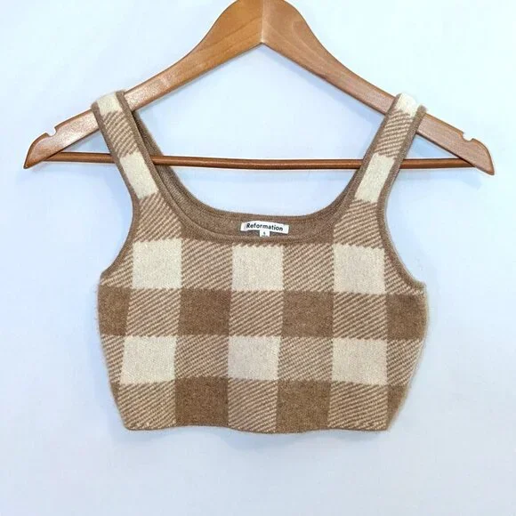 Reformation | Cashmere Fonte Plaid Cropped Tank Top Cream & Tan Gingham | Small - Picture 8 of 11